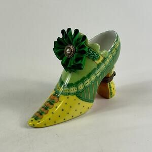 Fiona Saunders Limoges France Porcelain Shoe Figurine Hand Painted Green Yellow